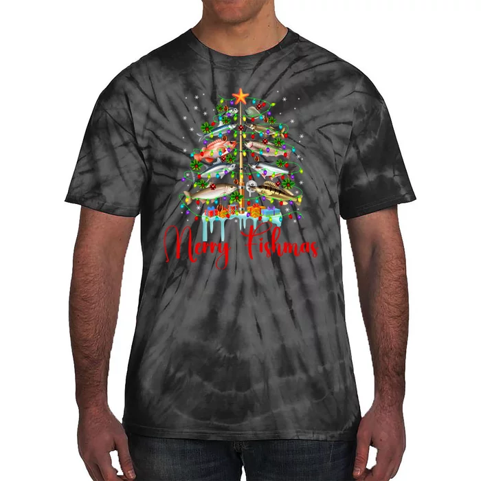 Merry Fishmas Funny Christmas Tree Lights Fish Fishing Rod Tie-Dye T-Shirt