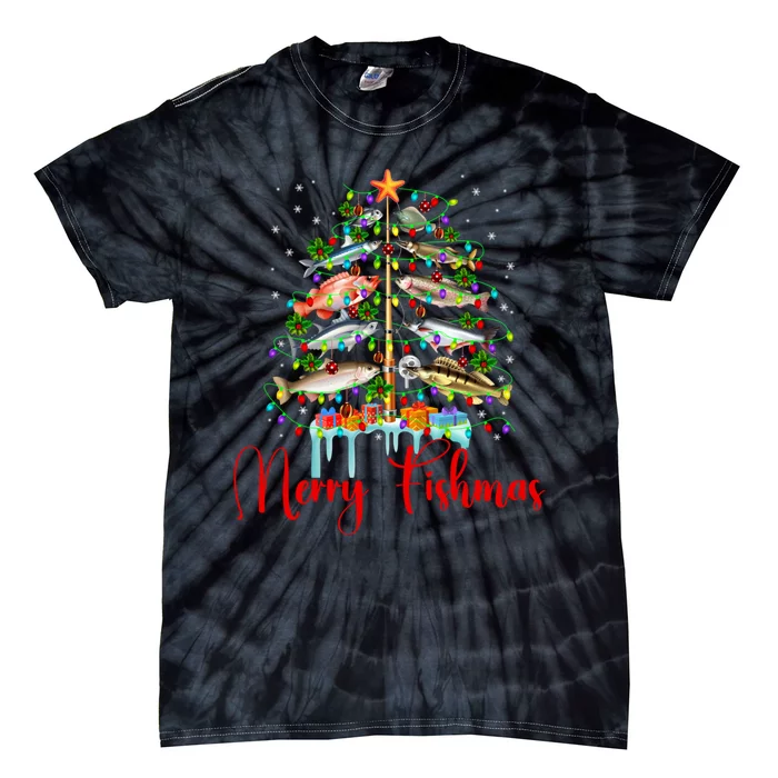 Merry Fishmas Funny Christmas Tree Lights Fish Fishing Rod Tie-Dye T-Shirt