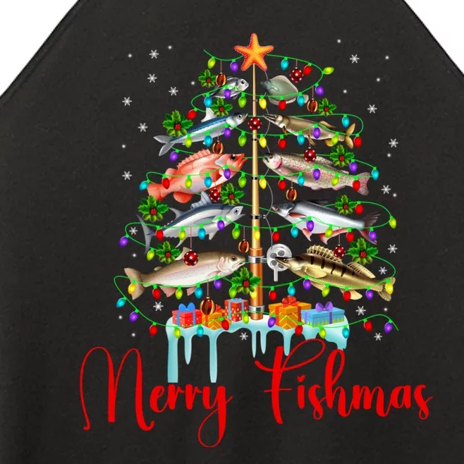 Merry Fishmas Funny Christmas Tree Lights Fish Fishing Rod Women’s Perfect Tri Rocker Tank