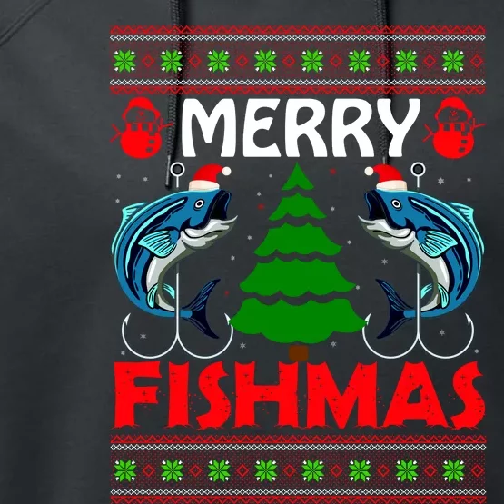 Merry Fishmas Funny Fish Fishing Ugly Christmas Performance Fleece Hoodie