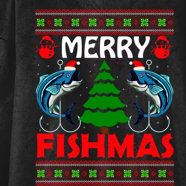 Merry Fishmas Funny Fish Fishing Ugly Christmas Hooded Wearable Blanket