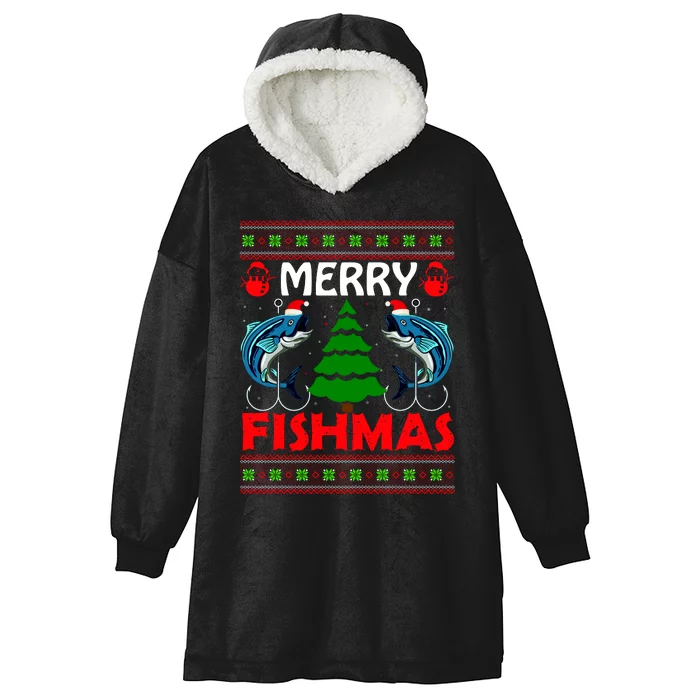 Merry Fishmas Funny Fish Fishing Ugly Christmas Hooded Wearable Blanket