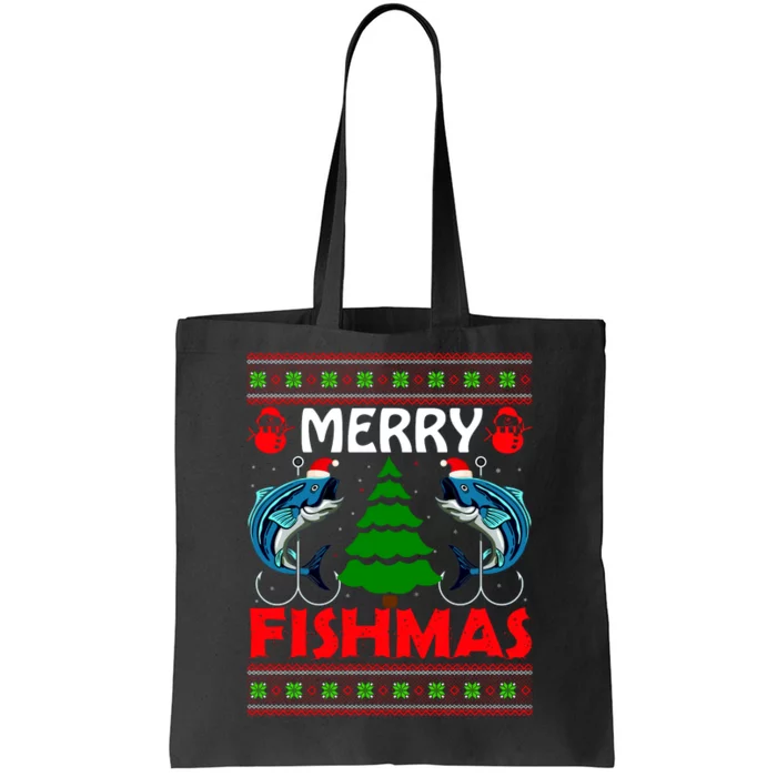 Merry Fishmas Funny Fish Fishing Ugly Christmas Tote Bag