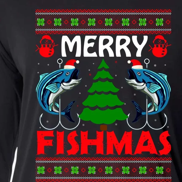 Merry Fishmas Funny Fish Fishing Ugly Christmas Cooling Performance Long Sleeve Crew