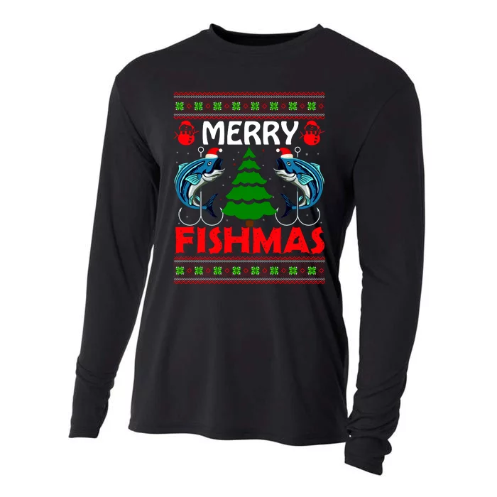 Merry Fishmas Funny Fish Fishing Ugly Christmas Cooling Performance Long Sleeve Crew