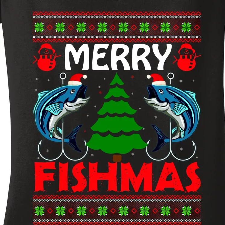 Merry Fishmas Funny Fish Fishing Ugly Christmas Women's V-Neck T-Shirt