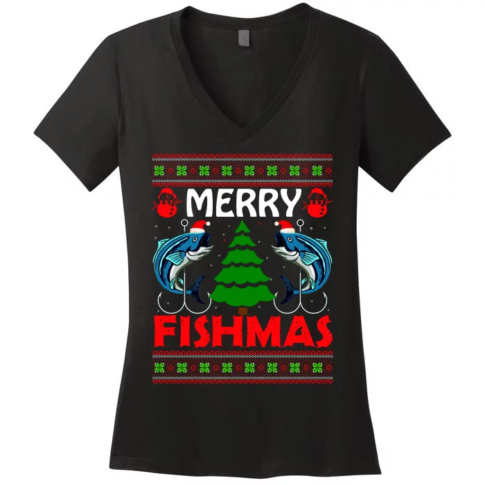 Merry Fishmas Funny Fish Fishing Ugly Christmas Women's V-Neck T-Shirt