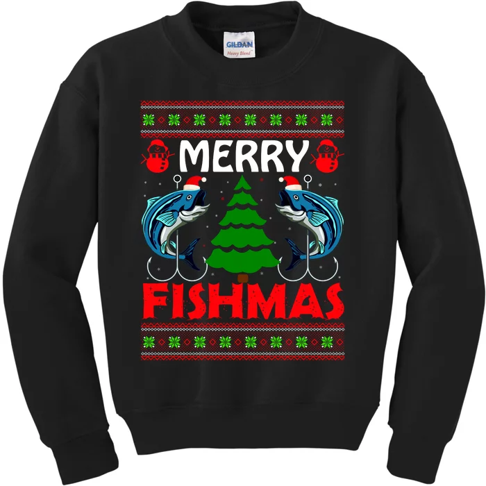 Merry Fishmas Funny Fish Fishing Ugly Christmas Kids Sweatshirt