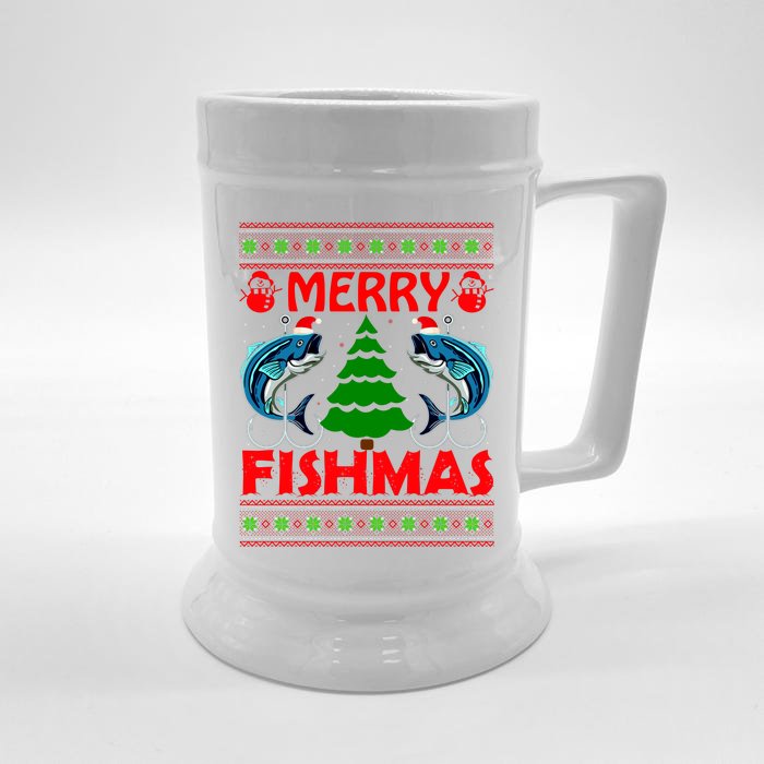 Merry Fishmas Funny Fish Fishing Ugly Christmas Front & Back Beer Stein