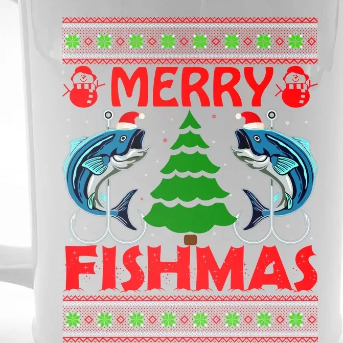 Merry Fishmas Funny Fish Fishing Ugly Christmas Front & Back Beer Stein