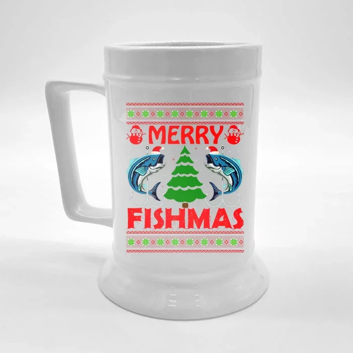 Merry Fishmas Funny Fish Fishing Ugly Christmas Front & Back Beer Stein