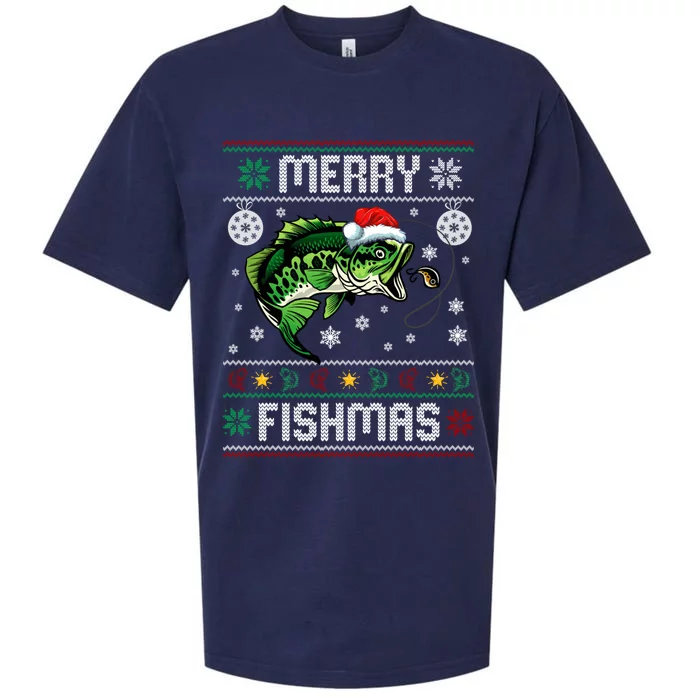 Merry Fishmas Funny Fish Fishing Fisher Ugly Christmas Gift Sueded Cloud Jersey T-Shirt