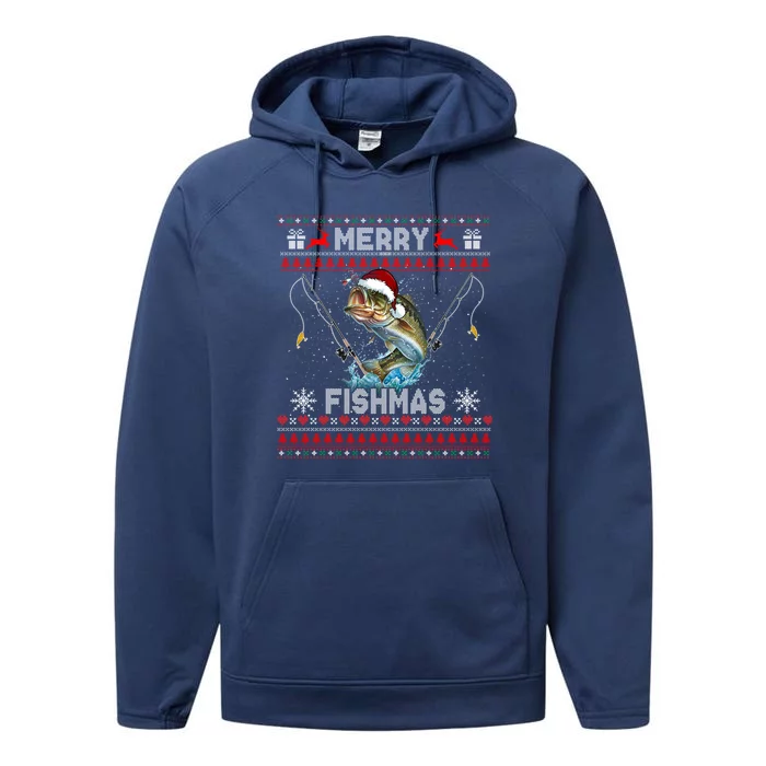 Merry Fishmas Funny Fishing Fisher Ugly Sweaters Christmas Gift Performance Fleece Hoodie