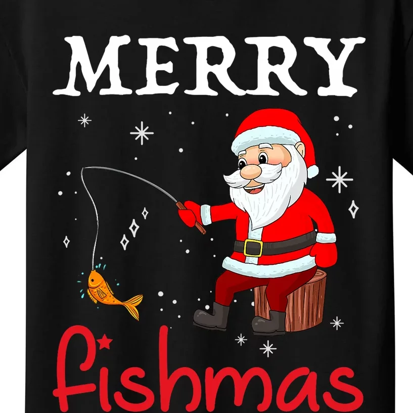 Merry Fishmas Funny Santa Claus Fishing Puns Christmas Fish Kids T-Shirt