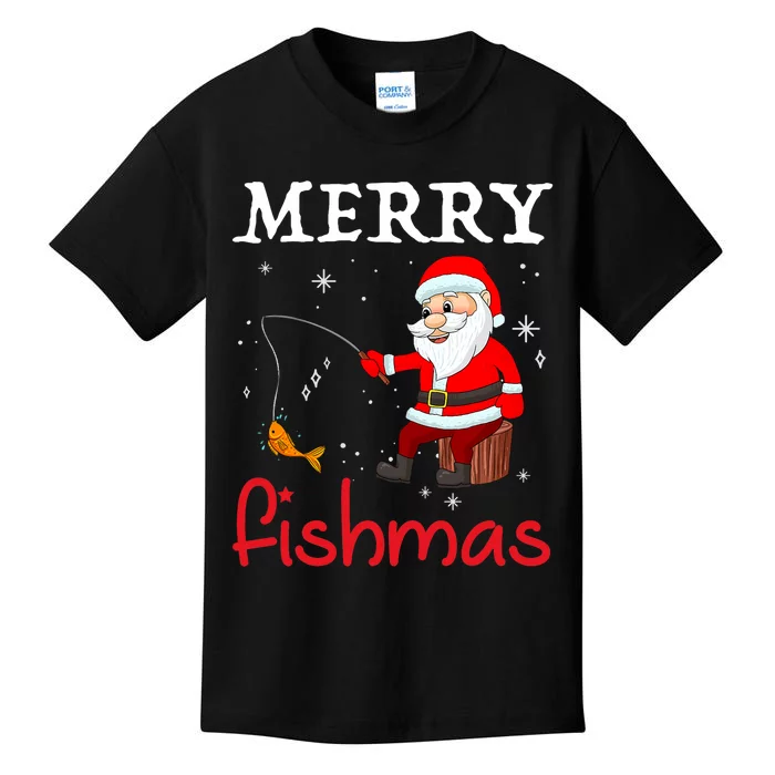 Merry Fishmas Funny Santa Claus Fishing Puns Christmas Fish Kids T-Shirt