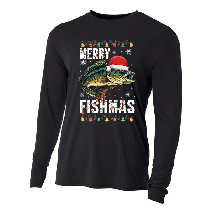 Merry Fishmas Funny Fishing Christmas Pajama Fishers Cooling Performance Long Sleeve Crew