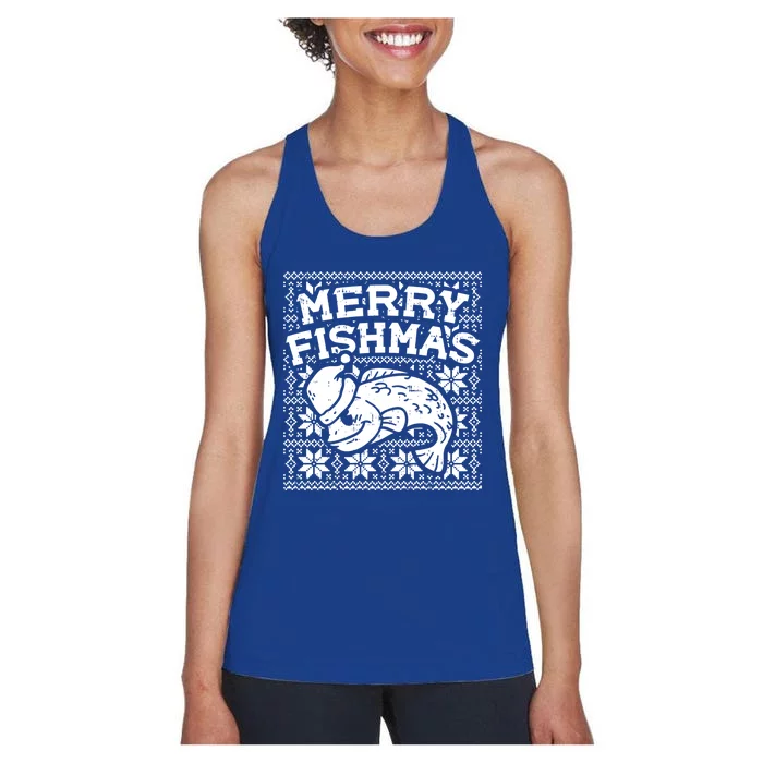 Merry Fishmas Funny Ugly Christmas Fishing Angler Gift Women's Racerback Tank