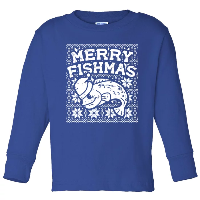 Merry Fishmas Funny Ugly Christmas Fishing Angler Gift Toddler Long Sleeve Shirt