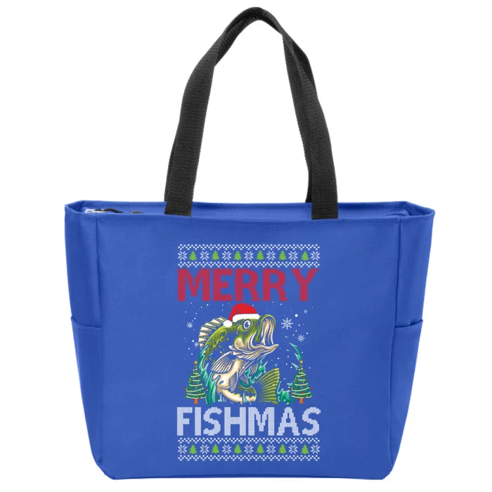 Merry Fishmas Fishing Ugly Christmas Large Mouth Bass Cool Gift Zip Tote Bag