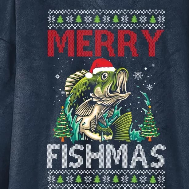 Merry Fishmas Fishing Ugly Christmas Large Mouth Bass Cool Gift Hooded Wearable Blanket