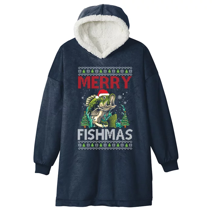 Merry Fishmas Fishing Ugly Christmas Large Mouth Bass Cool Gift Hooded Wearable Blanket