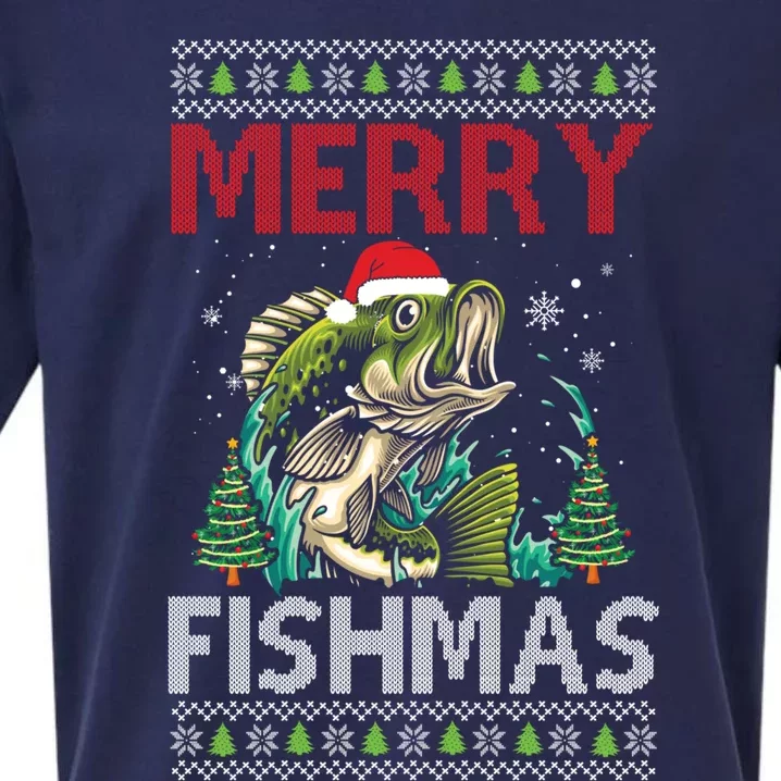 Merry Fishmas Fishing Ugly Christmas Large Mouth Bass Cool Gift Sueded Cloud Jersey T-Shirt