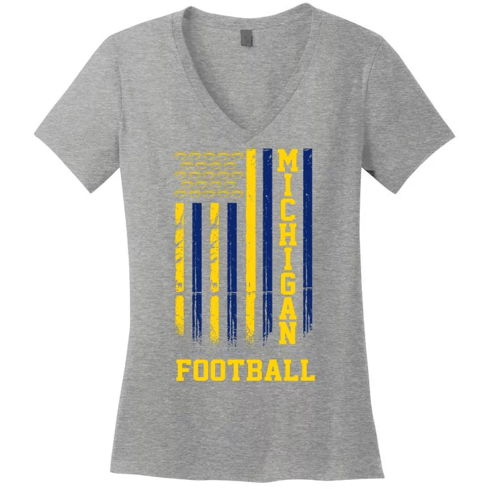 Michigan Football Fan American Flag Women's V-Neck T-Shirt