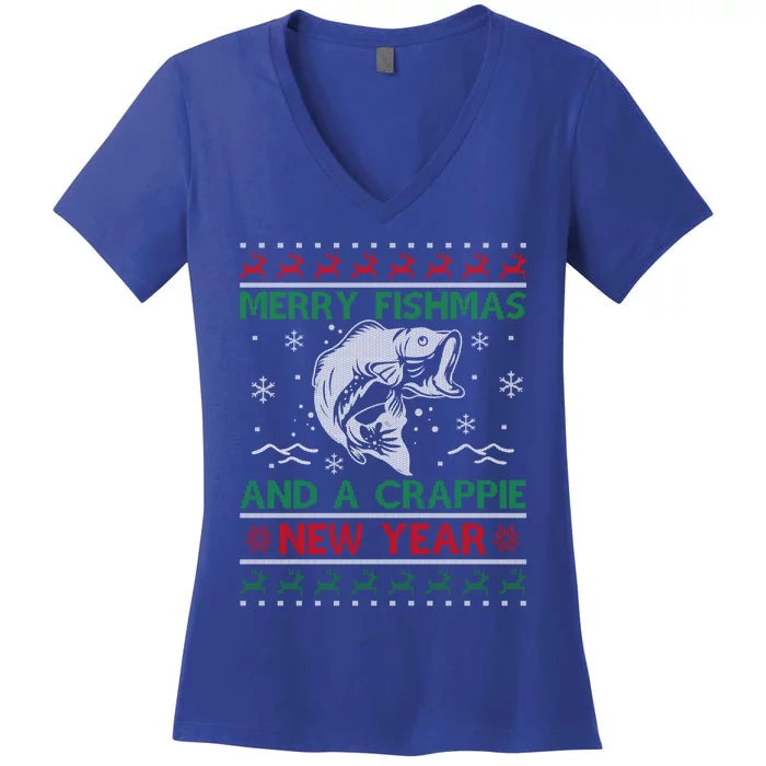 Merry Fishmas Fishing Funny Xmas Crappie For Fisher Gift Women's V-Neck T-Shirt