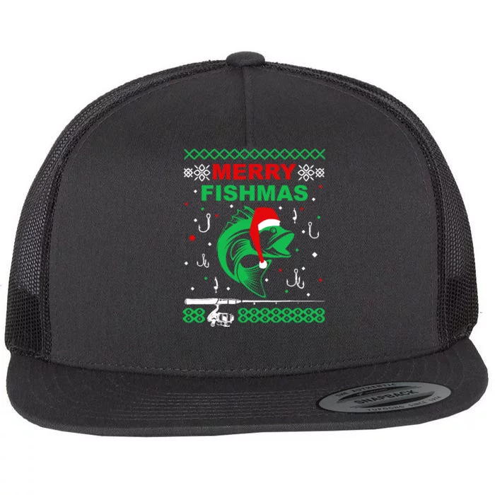 Merry Fishmas Funny Fishing Ugly Christmas Sweater Boy Flat Bill Trucker Hat