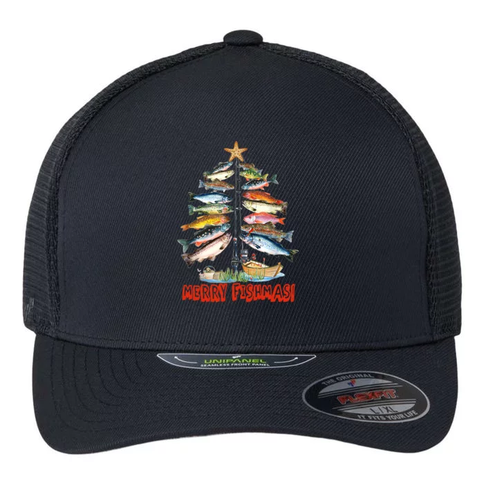 Merry Fishmas Funny Fish Fishing Fisher Christmas Xmas Great Gift Flexfit Unipanel Trucker Cap