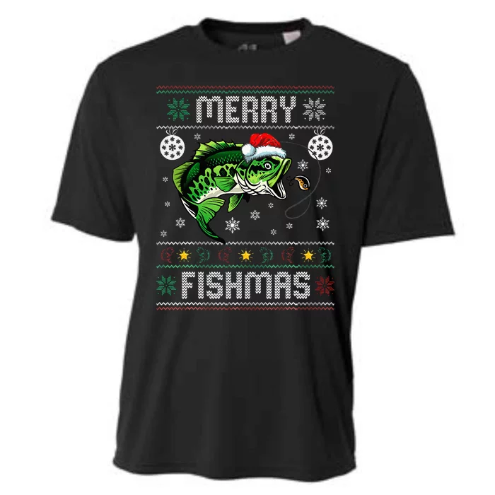 Merry Fishmas Funny Fish Fishing Fisherman Ugly Christmas Cooling Performance Crew T-Shirt