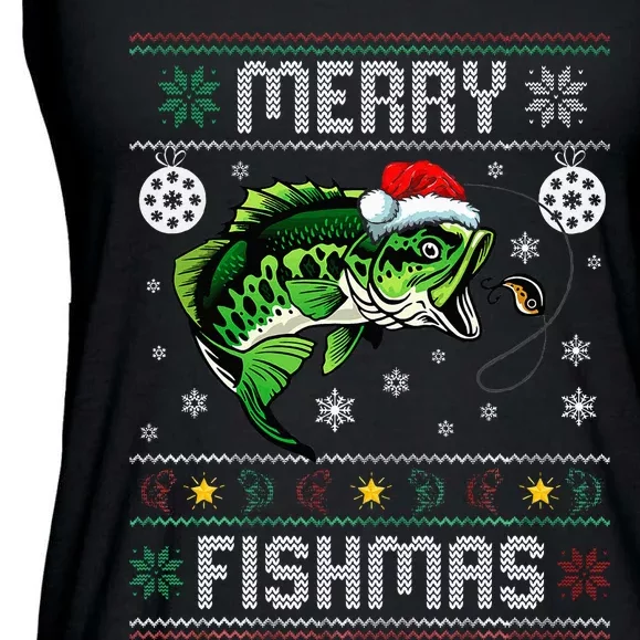 Merry Fishmas Funny Fish Fishing Fisherman Ugly Christmas Ladies Essential Flowy Tank