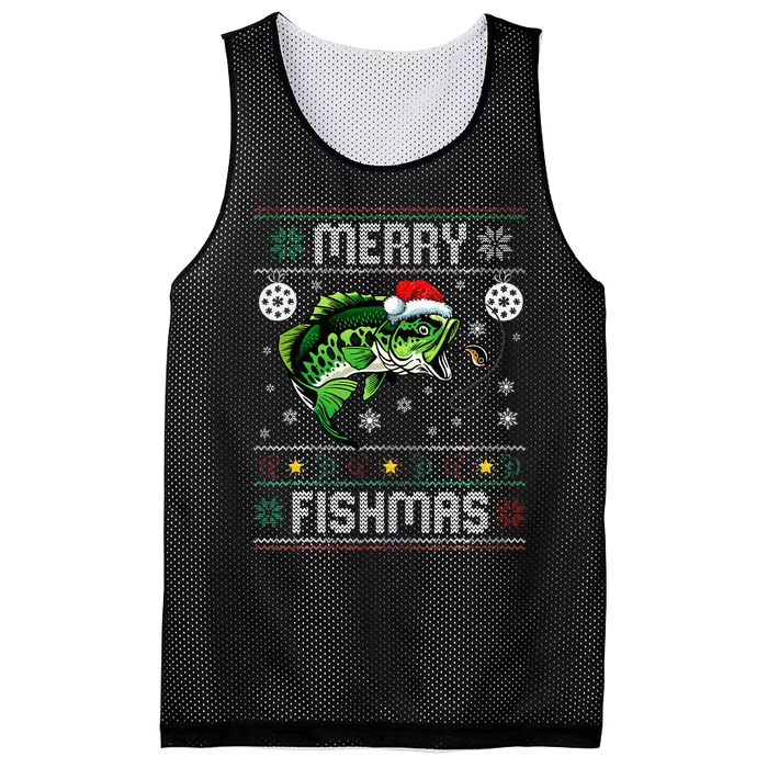 Merry Fishmas Funny Fish Fishing Fisherman Ugly Christmas Mesh Reversible Basketball Jersey Tank