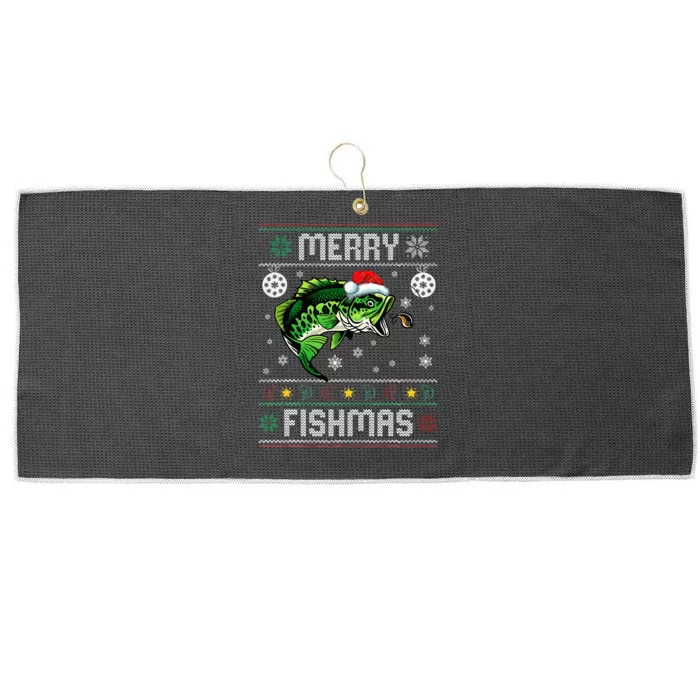 Merry Fishmas Funny Fish Fishing Fisherman Ugly Christmas Large Microfiber Waffle Golf Towel