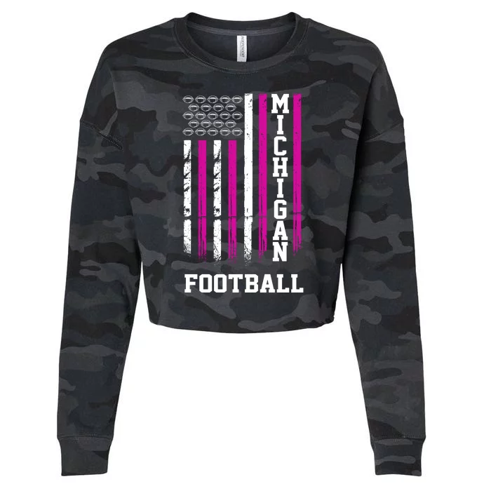 Michigan Football Fan Pink American Flag Cropped Pullover Crew