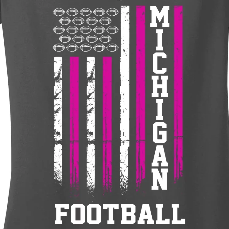 Michigan Football Fan Pink American Flag Women's V-Neck T-Shirt