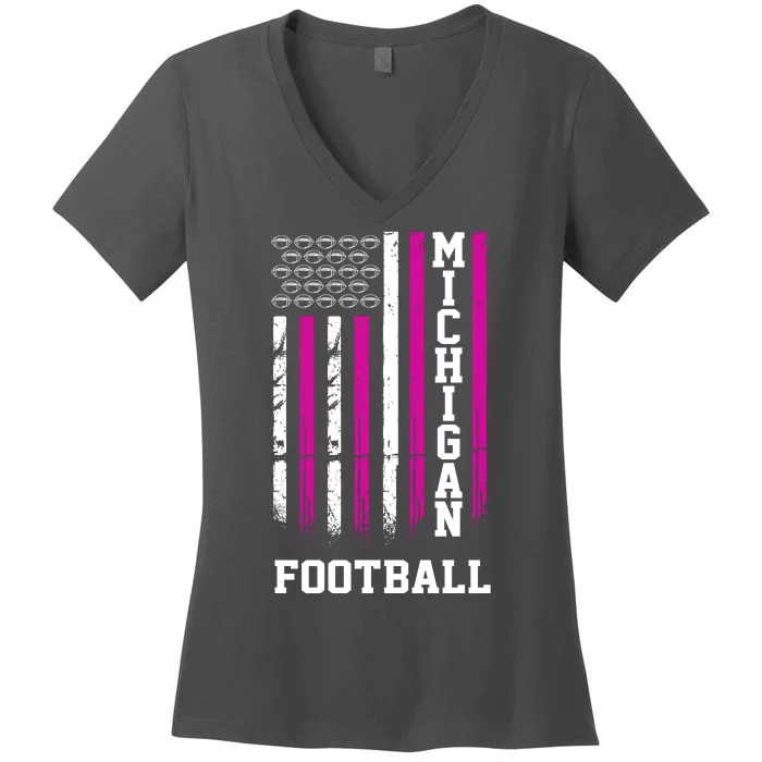 Michigan Football Fan Pink American Flag Women's V-Neck T-Shirt