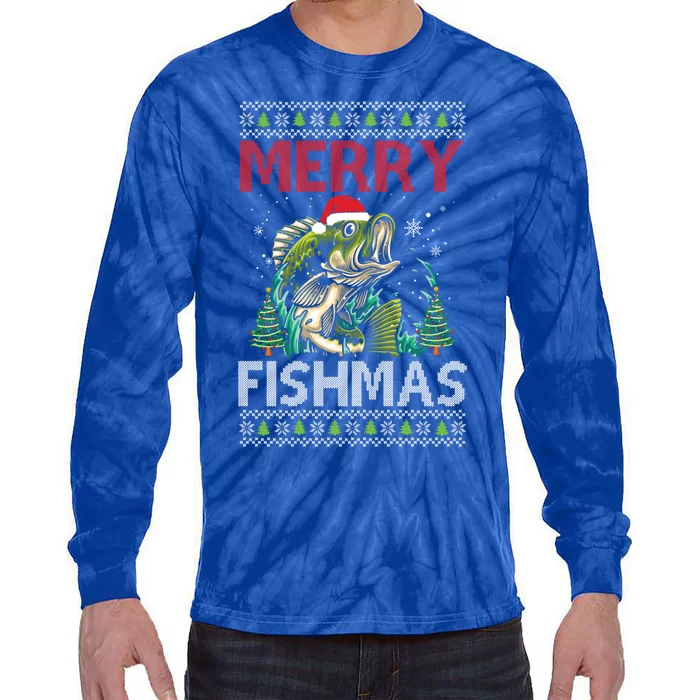 Merry Fishmas Fishing Ugly Christmas Large Mouth Bass Gift Tie-Dye Long Sleeve Shirt