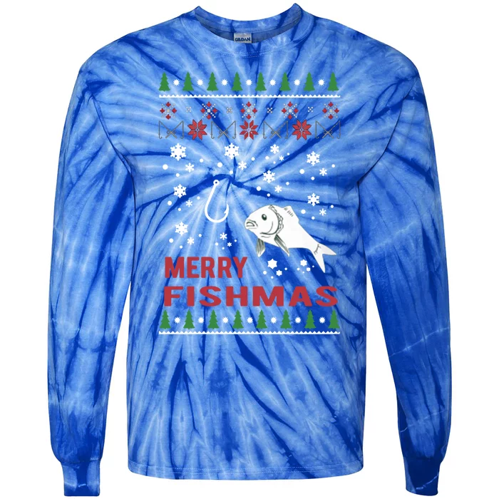 Merry Fishmas Fishing Ugly Christmas Style Gift Tie-Dye Long Sleeve Shirt