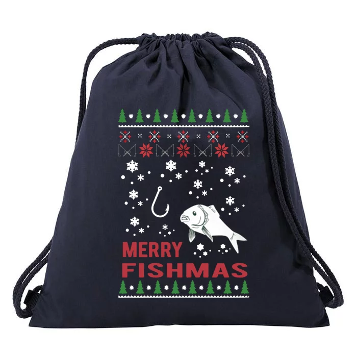 Merry Fishmas Fishing Ugly Christmas Style Gift Drawstring Bag