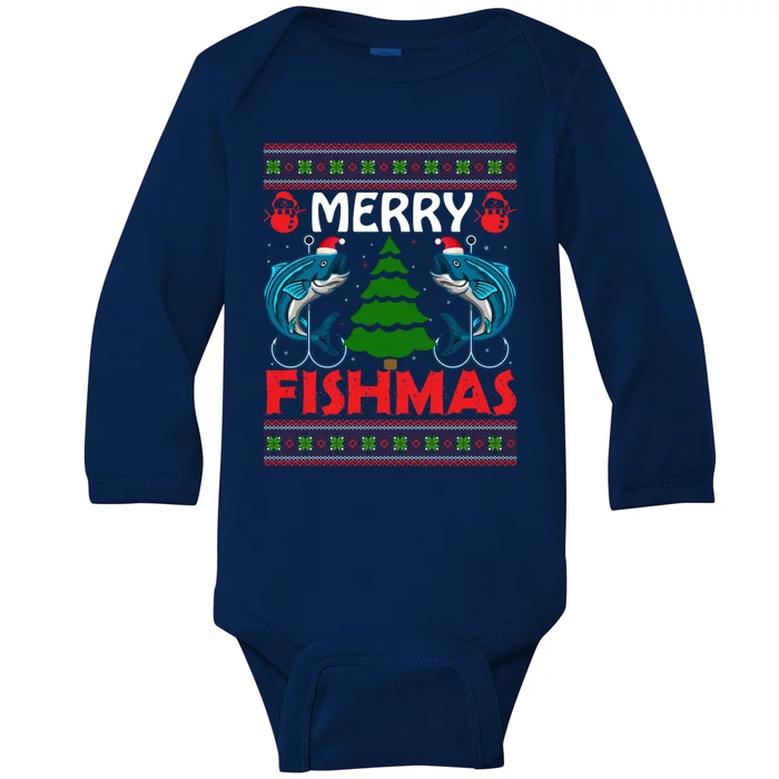 Merry Fishmas Funny Christmas Sweater Funny Fishing Gift Baby Long Sleeve Bodysuit