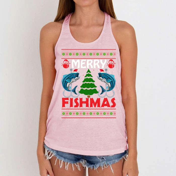 Merry Fishmas Funny Christmas Sweater Funny Fishing Gift Women's Knotted Racerback Tank