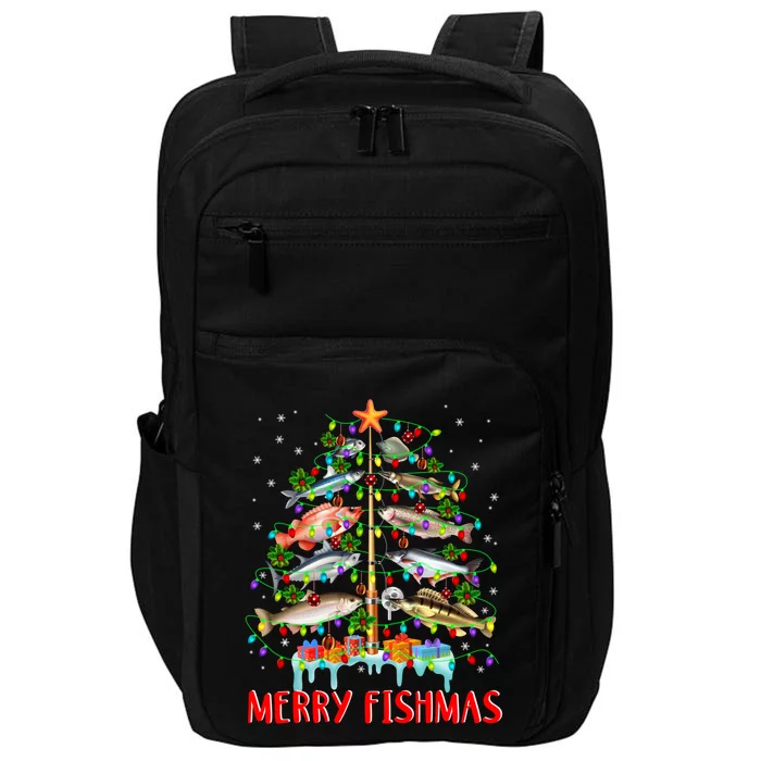 Merry Fishmas Funny Christmas Tree Lights Fish Fishing Rod Great Gift Impact Tech Backpack