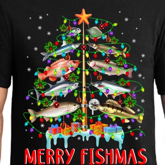 Merry Fishmas Funny Christmas Tree Lights Fish Fishing Rod Great Gift Pajama Set