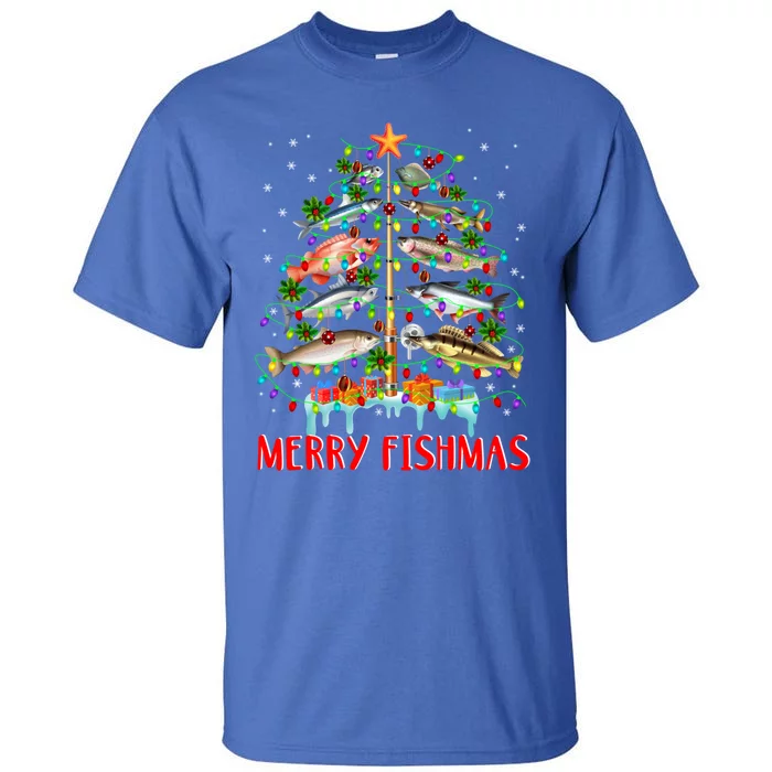 Merry Fishmas Funny Christmas Tree Lights Fish Fishing Rod Great Gift Tall T-Shirt