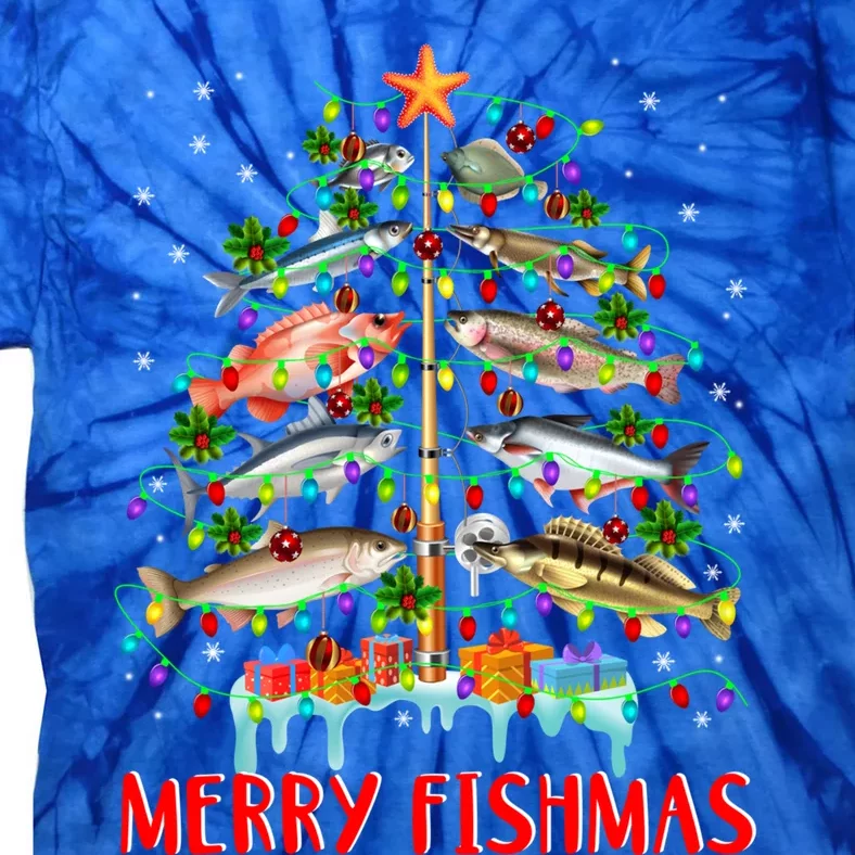 Merry Fishmas Funny Christmas Tree Lights Fish Fishing Rod Great Gift Tie-Dye T-Shirt