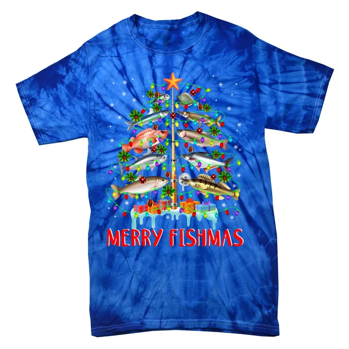 Merry Fishmas Funny Christmas Tree Lights Fish Fishing Rod Great Gift Tie-Dye T-Shirt