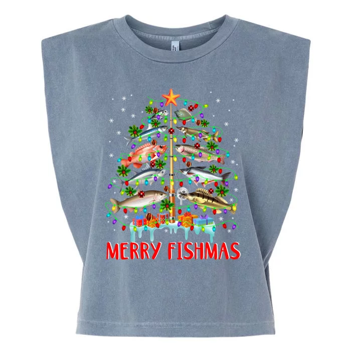 Merry Fishmas Funny Christmas Tree Lights Fish Fishing Rod Great Gift Garment-Dyed Women's Muscle Tee