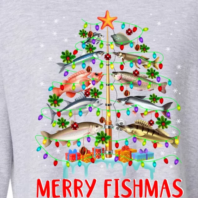 Merry Fishmas Funny Christmas Tree Lights Fish Fishing Rod Great Gift Cropped Pullover Crew