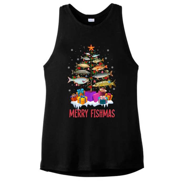 Merry Fishmas Fish Christmas Tree Funny Christmas Fishing Ladies Tri-Blend Wicking Tank